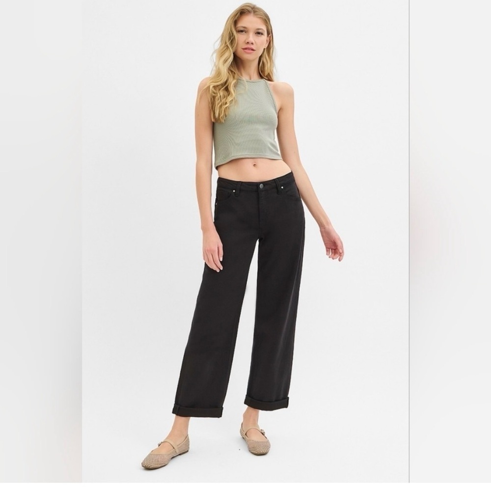 RISEN Black Tummy Control Barrel Jeans Baggy Leg Rolled Hem Denim Pants Sz 7/28